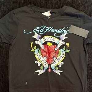 Ed Hardy Black Tee with Red Heart Tattoo Graphic